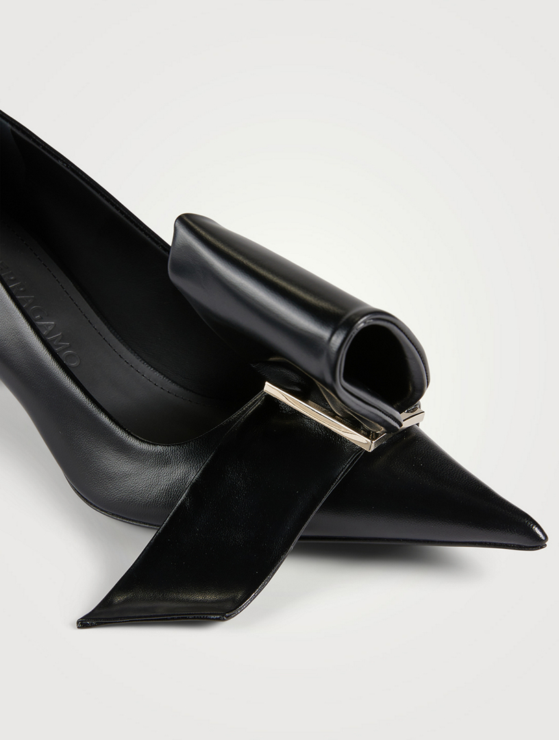 FERRAGAMO Leather Pumps With Asymmetric Bow  Black