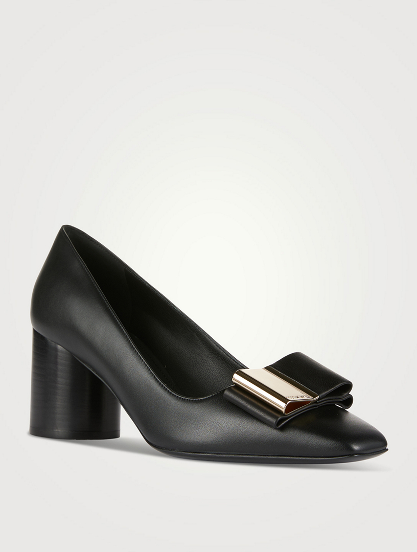 Ferragamo Capua Flower Heel Satin Pump in Black