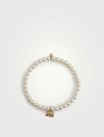 Bracelet de perles avec minibreloque éléphant en or 14 ct sertie de diamants
