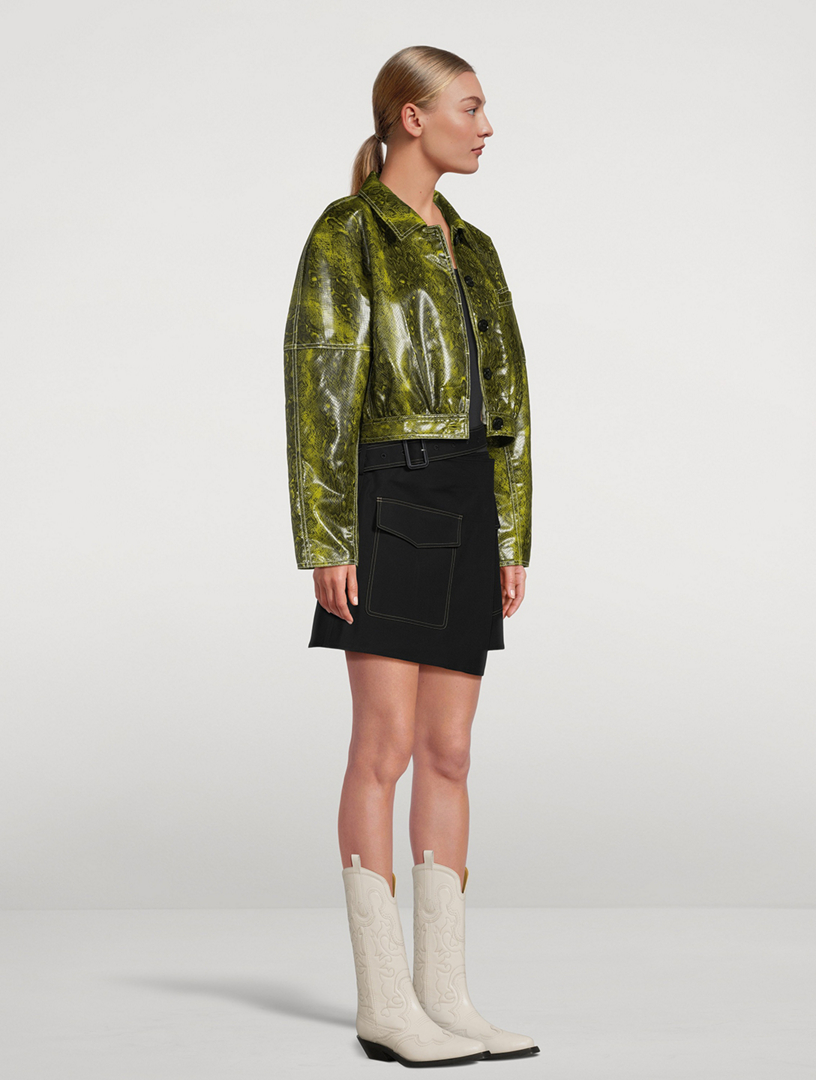 Cropped Faux Leather Jacket In Snake Print