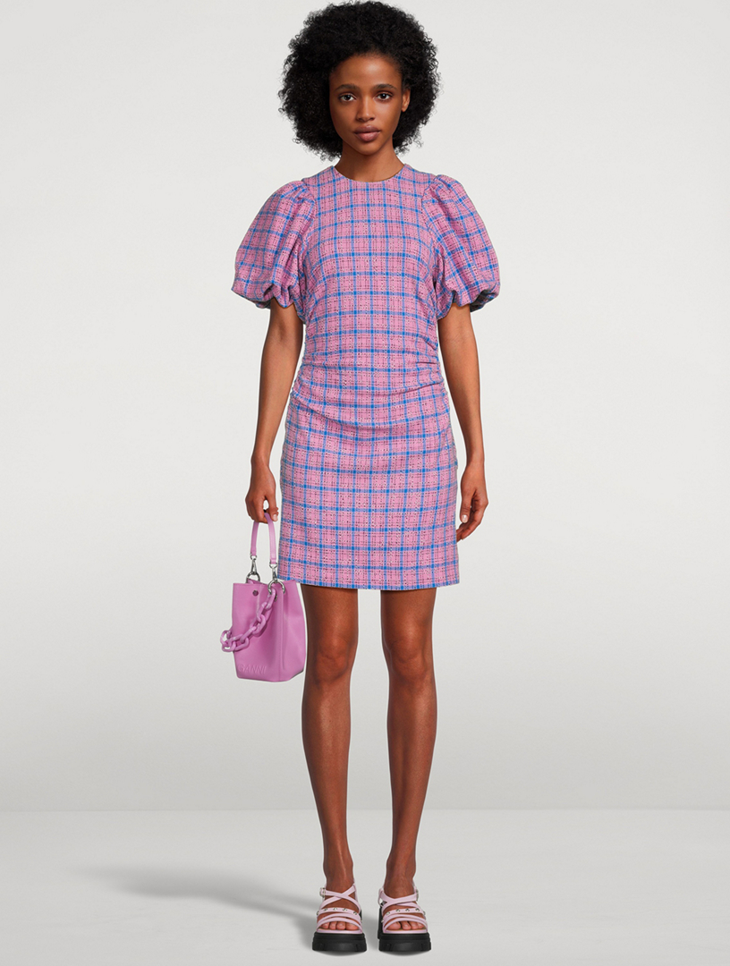 GANNI Puff-Sleeve Mini Dress In Check Print | Holt Renfrew