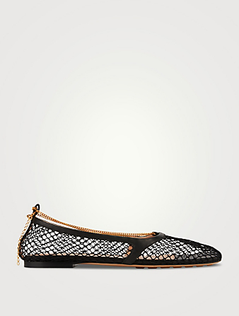Stretch Mesh And Leather Ballet Flats With Chain