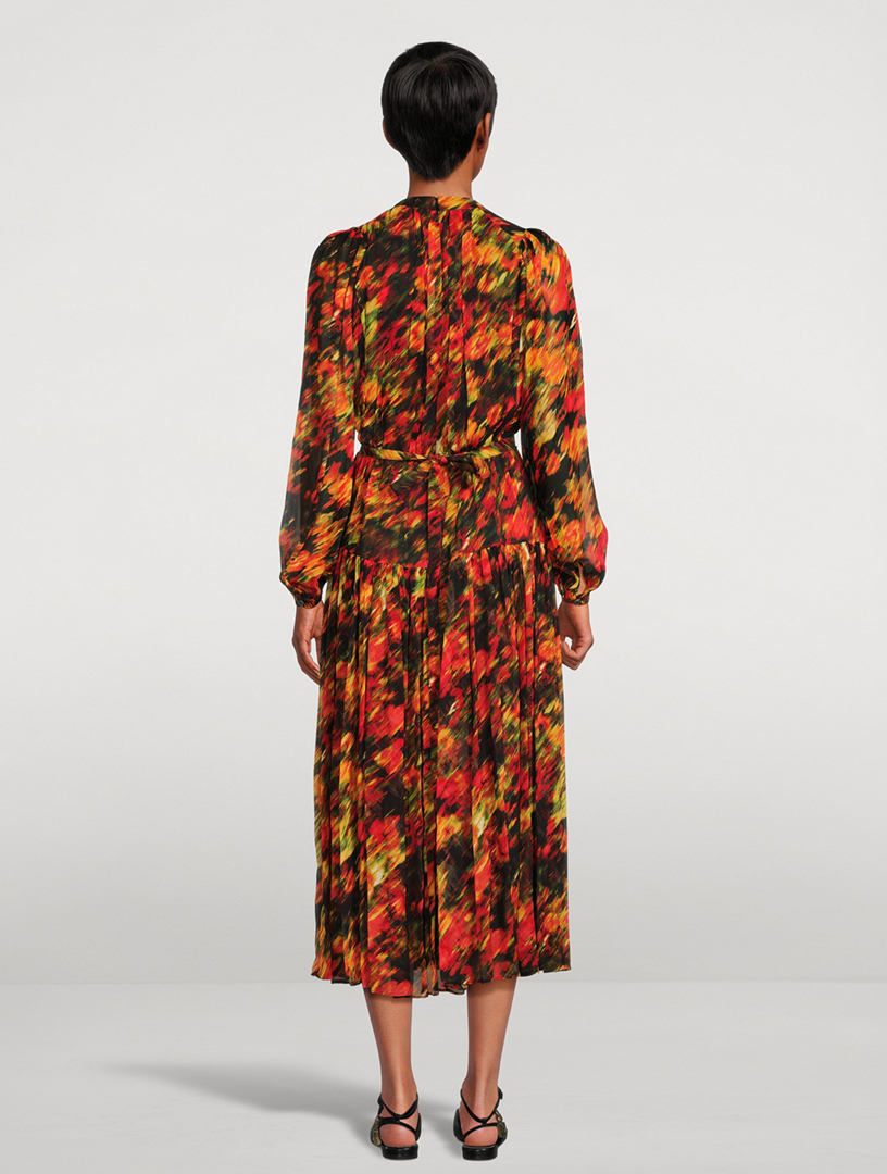Crinkled Chiffon Midi Dress Flowers Motion Print