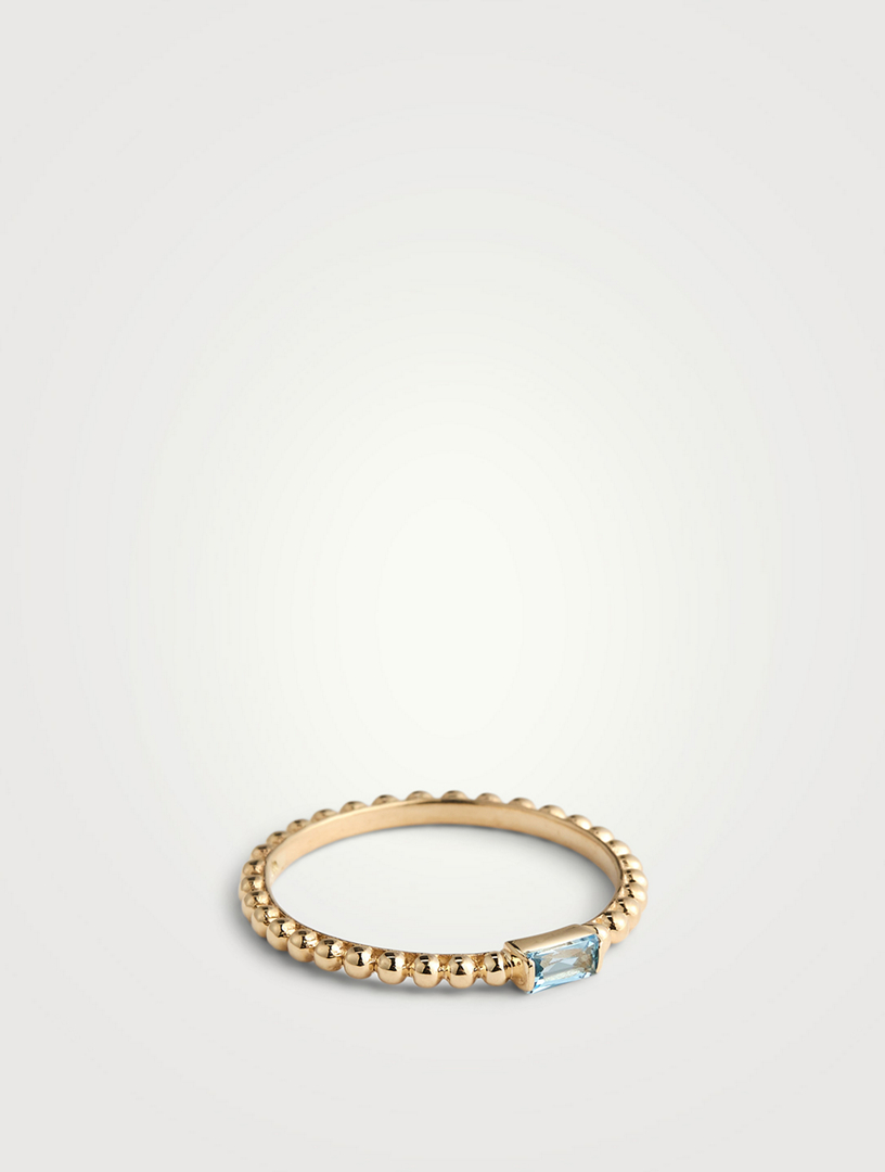 Dew Drop 14K Gold Baguette Stackable Ring With Blue Topaz