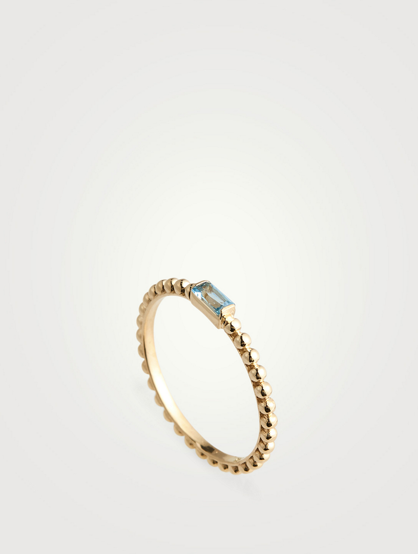 Dew Drop 14K Gold Baguette Stackable Ring With Blue Topaz