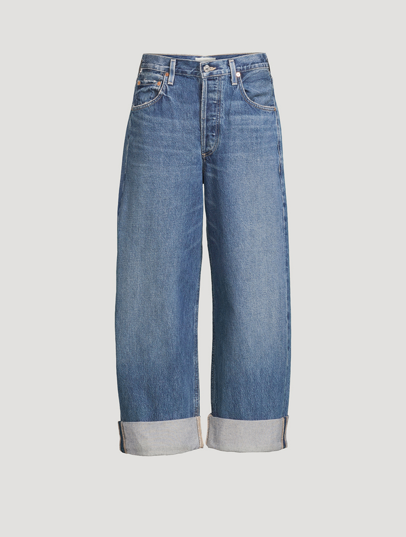 High Waisted Wide Leg Cuffed Jeans