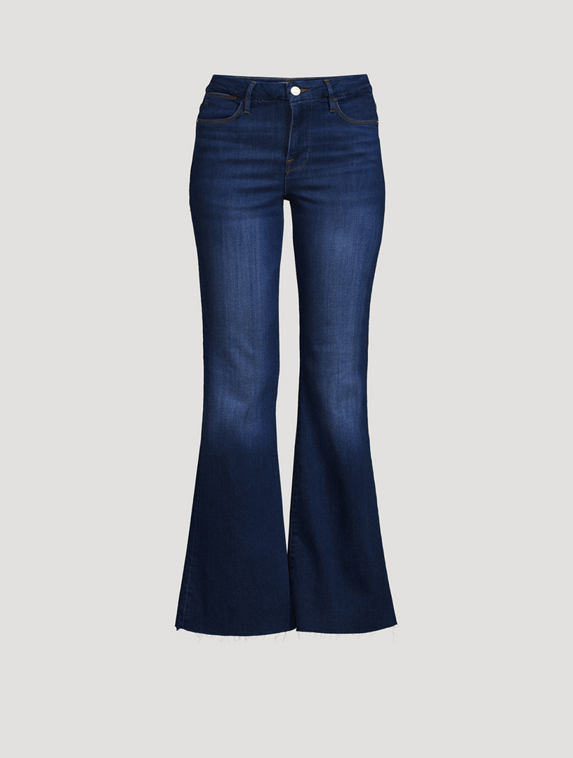 High Waisted Lace up Jeans, Blue Stretch Bell Bottom Denim Jeans -   Canada