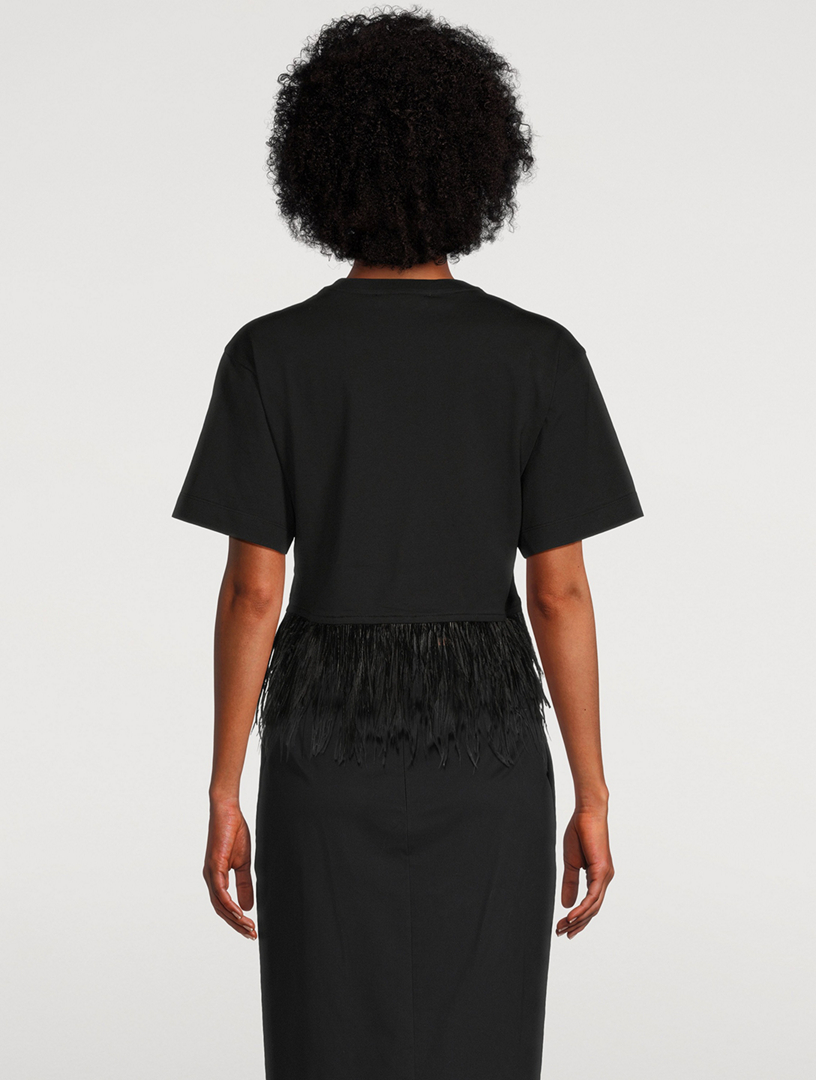 Feather-Trimmed Cropped T-Shirt