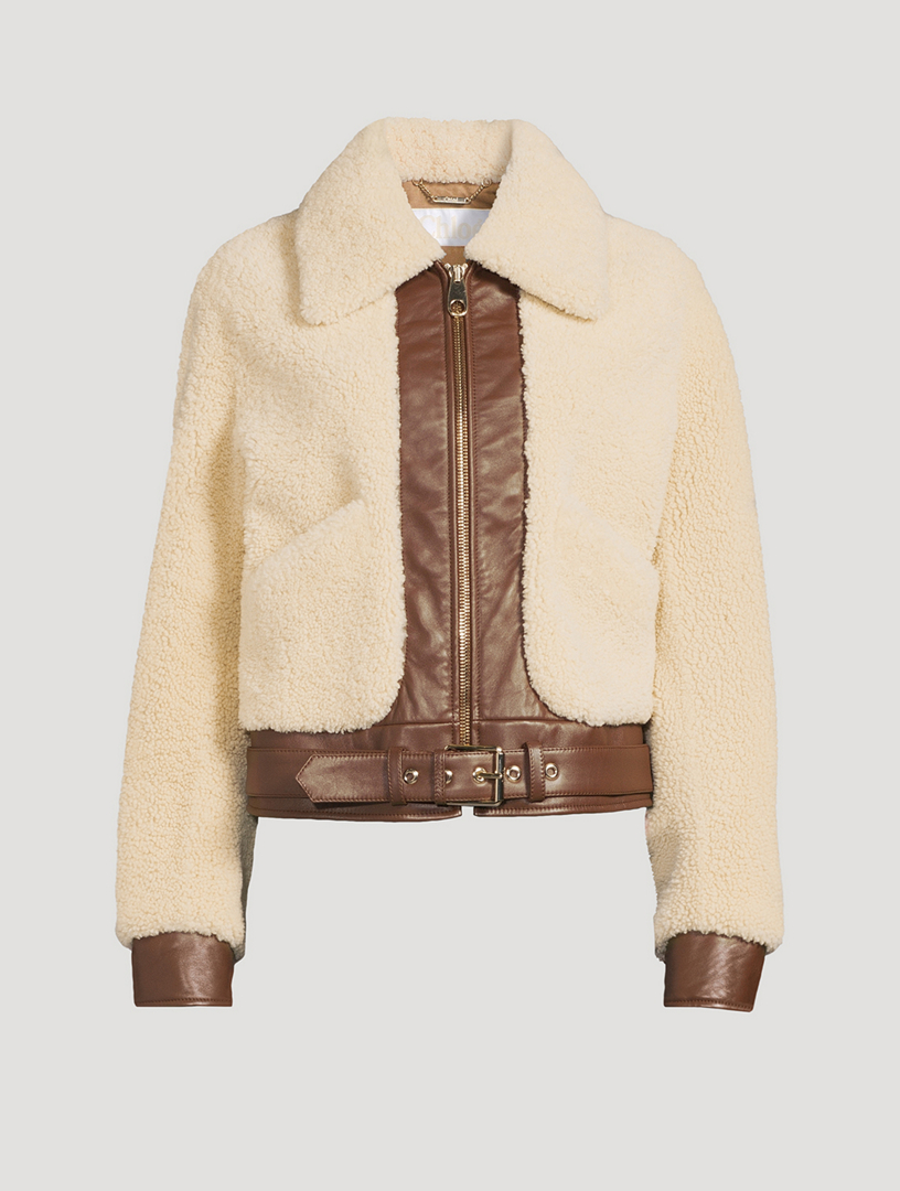 CHLOÉ Leather-Trimmed Shearling Jacket  White