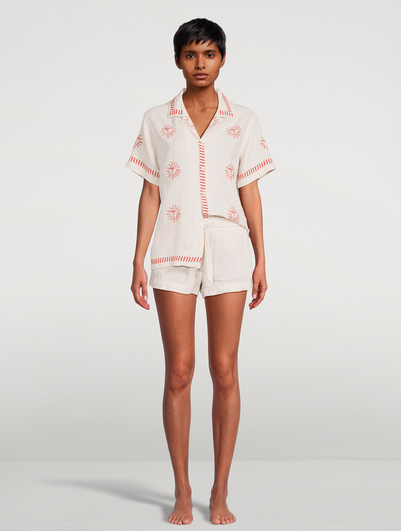 Linen Cuban Pajama Set With Embroidery