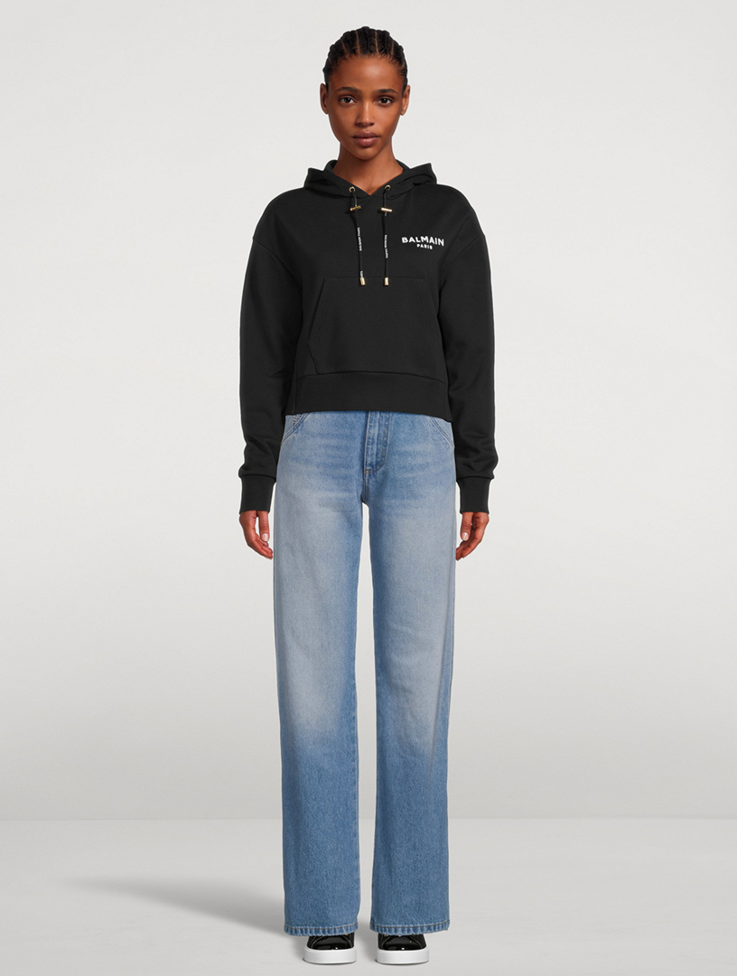 BALMAIN Flock Logo Cropped Hoodie | Holt Renfrew