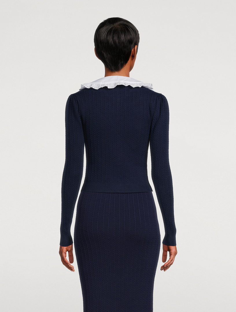 Ribbed Cardigan With Ruffled Collar