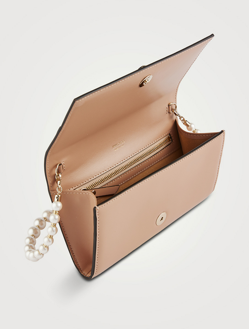 AVENUE WALLET/CHAIN  Latte Leather Wallet with Pearl Strap