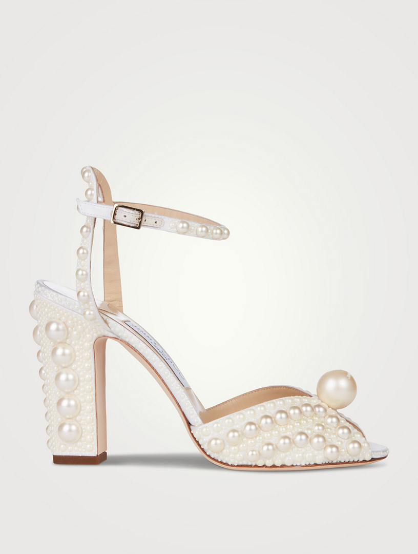 White Satin Sandals with All Over Pearls, SACORA 100