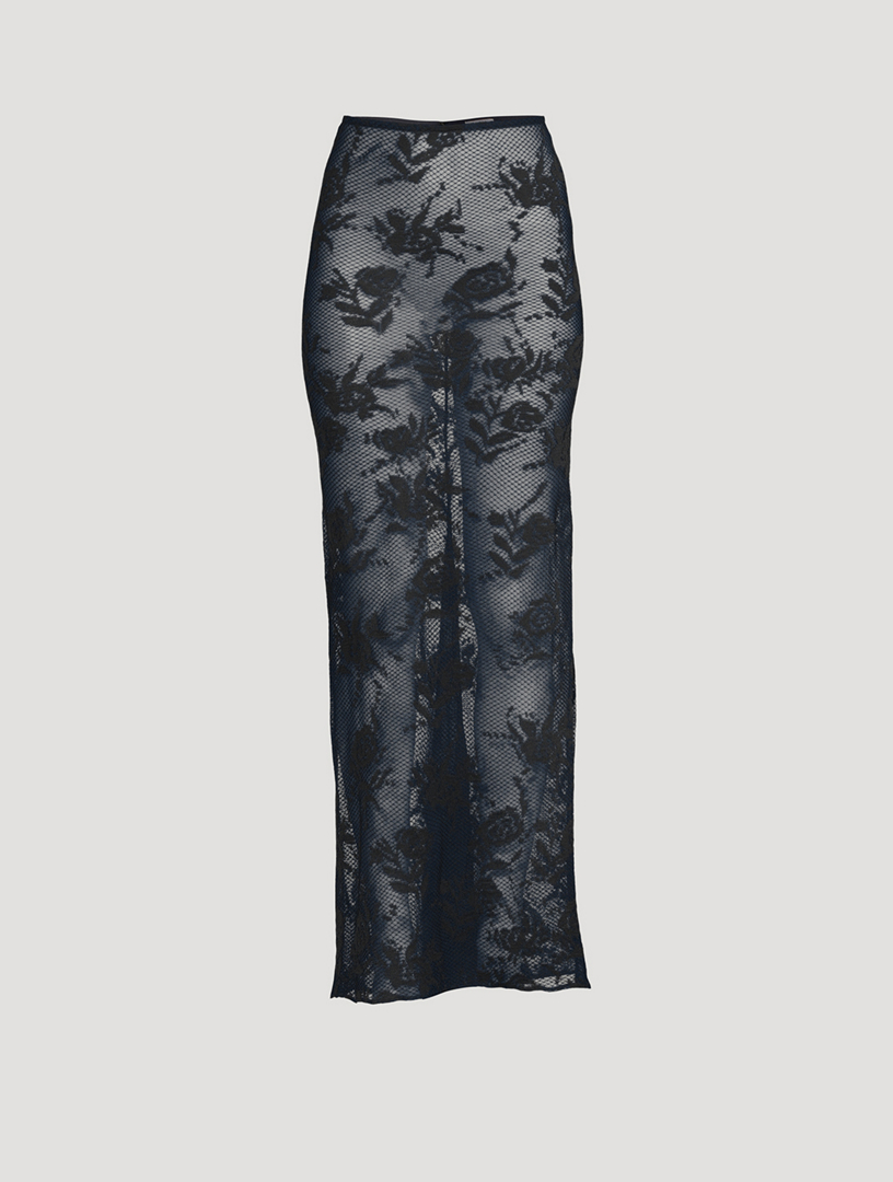 Sheer Floral Lace Maxi Skirt Black