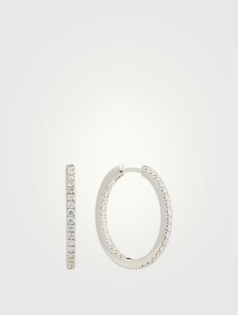 18K White Gold Oval Diamond Hoop Earrings