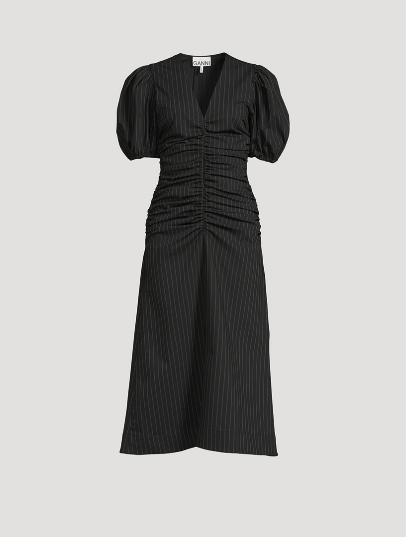 Ruched Midi Dress In Pinstripe Print