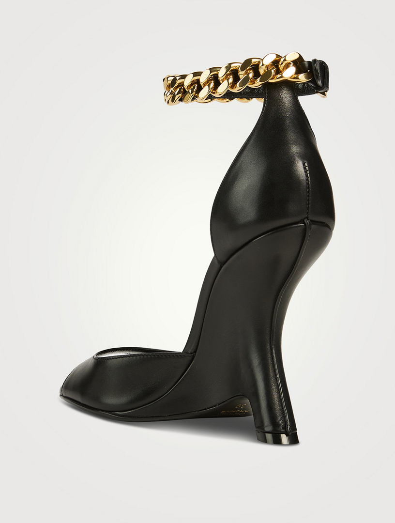 Leather Wedge Sandals With Ankle Chain