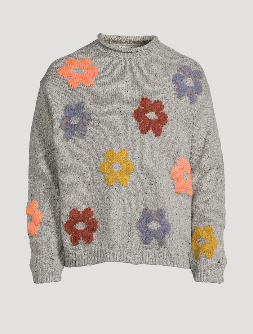 ACNE STUDIOS Wool-Blend Distressed Floral Sweater  Grey