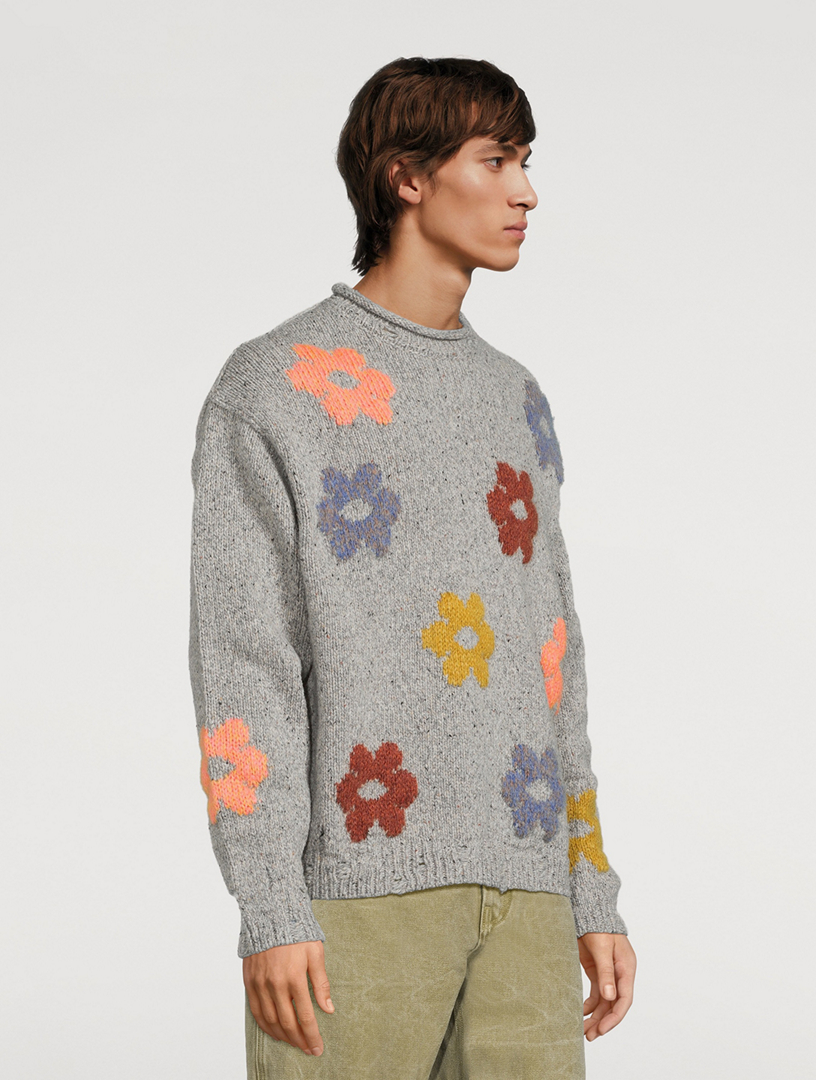 ACNE STUDIOS Wool-Blend Distressed Floral Sweater  Grey