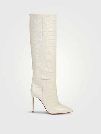 PARIS TEXAS Croc-Embossed Leather Knee-High Boots  White