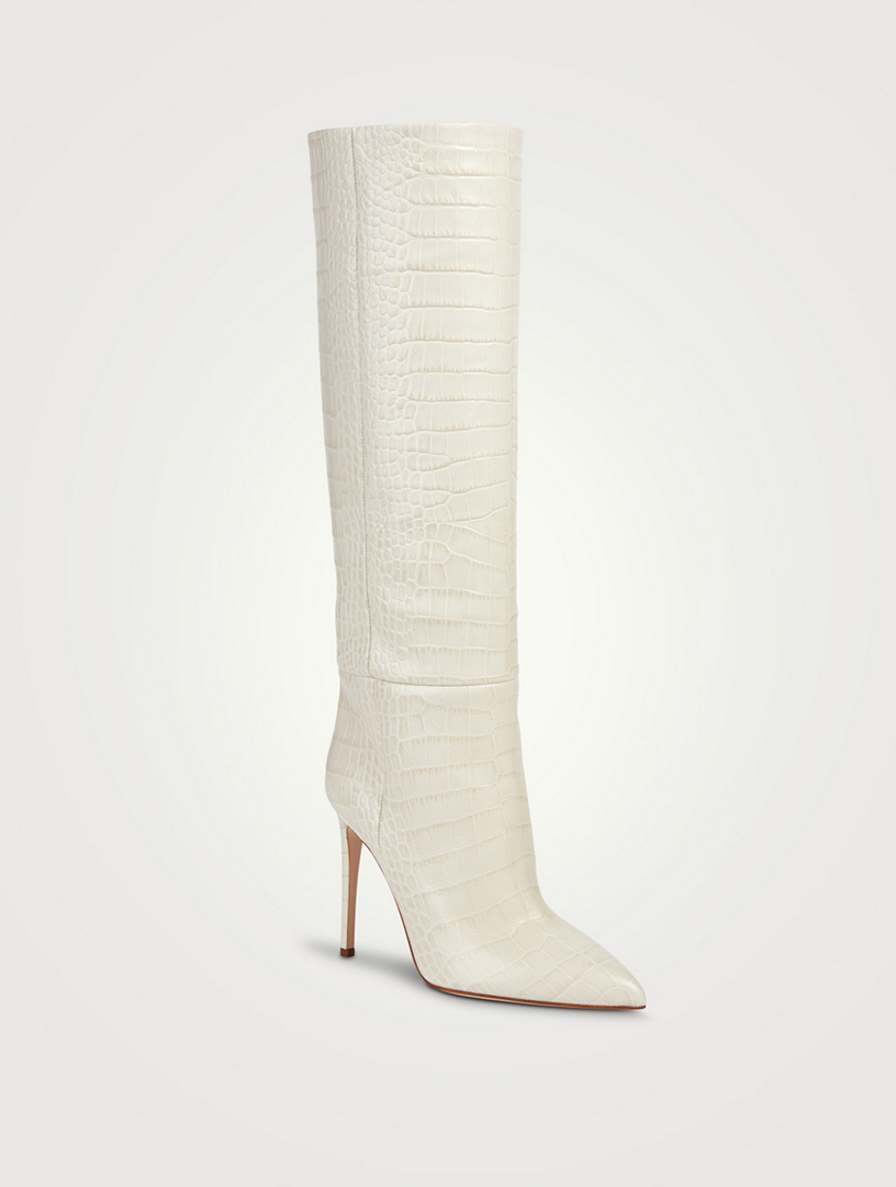 PARIS TEXAS Croc-Embossed Leather Knee-High Boots  White