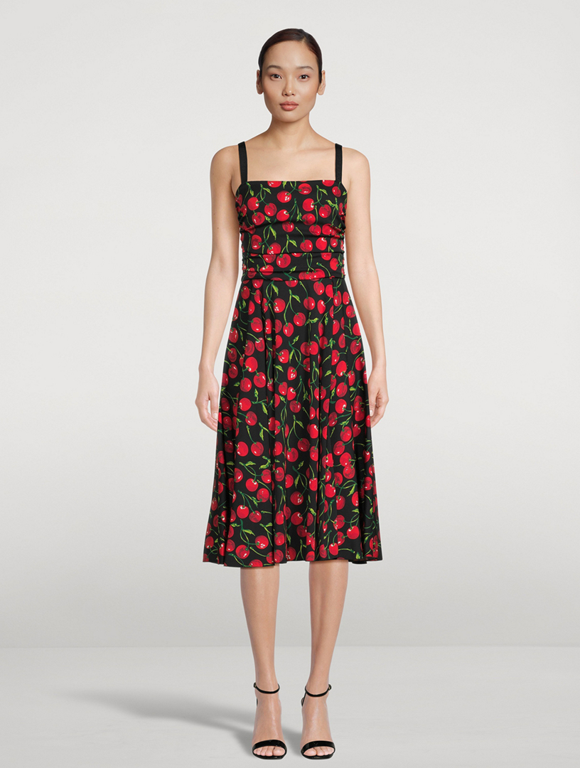 Stretch-Silk Midi Dress Cherries Print