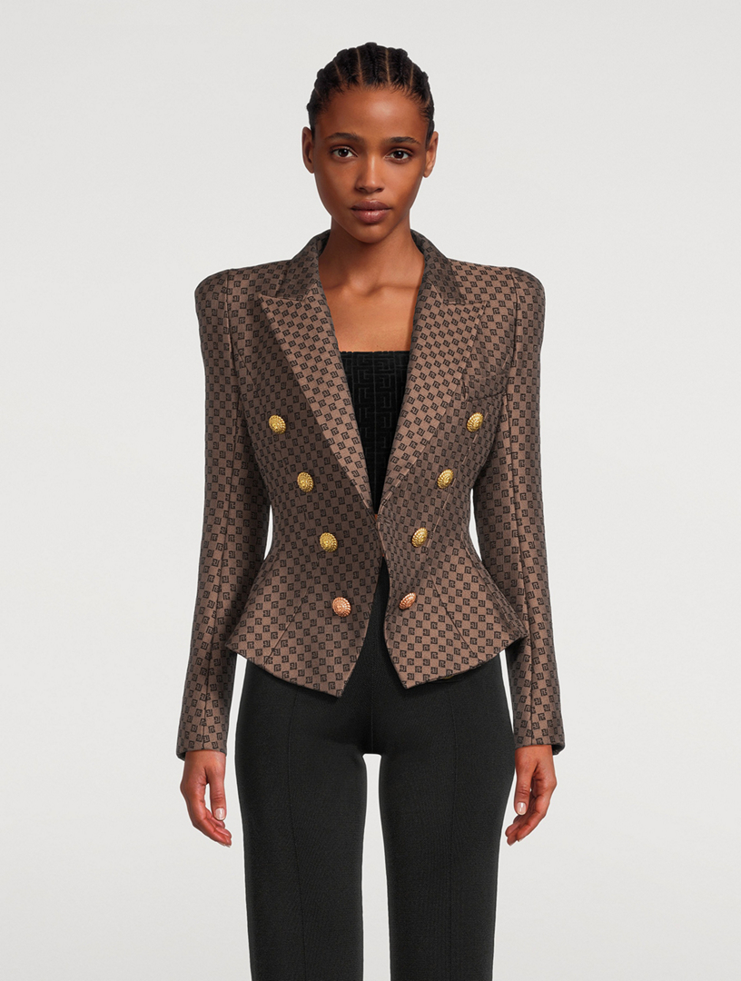 monogram-jacquard double-breasted blazer, Balmain