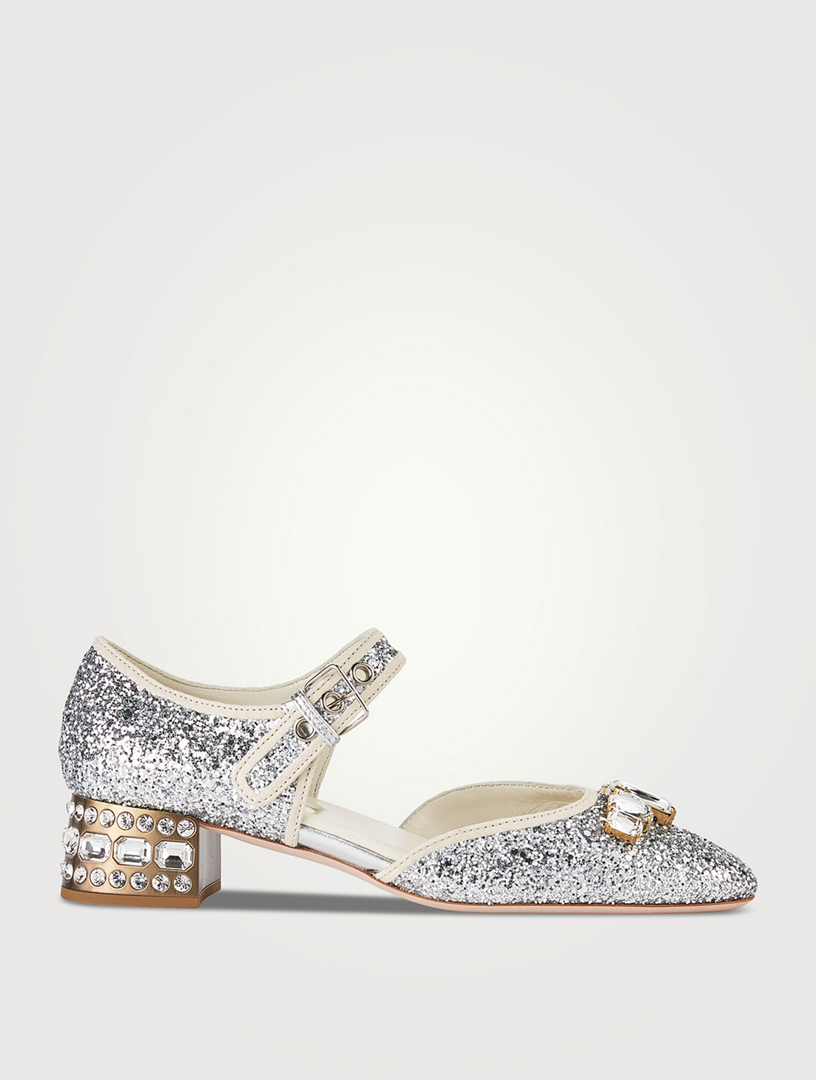 Miu miu glitter mary best sale jane pumps