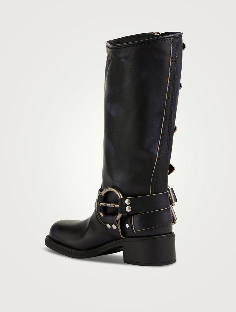 Buckle Leather Mid-Calf Boots