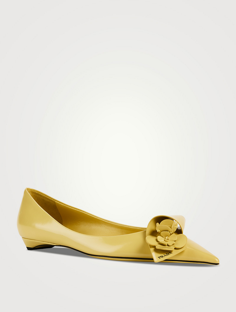 PRADA Floral Appliqué Leather Ballet Flats  Yellow
