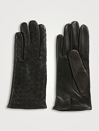 Two-Button Woven Leather Gloves With Cashmere Lining