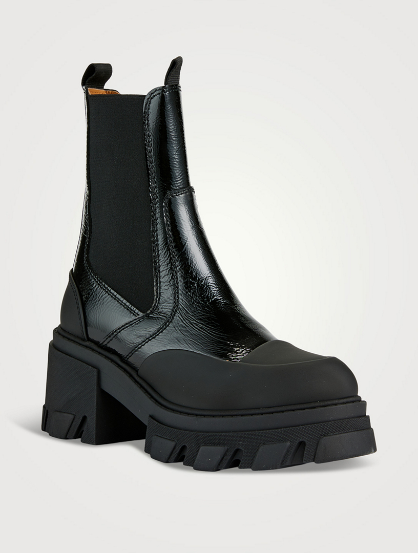 Lug-Sole Patent Chelsea Boots