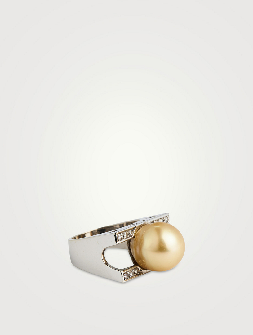 Vintage 14K White Gold South Sea Pearl Ring With Diamonds