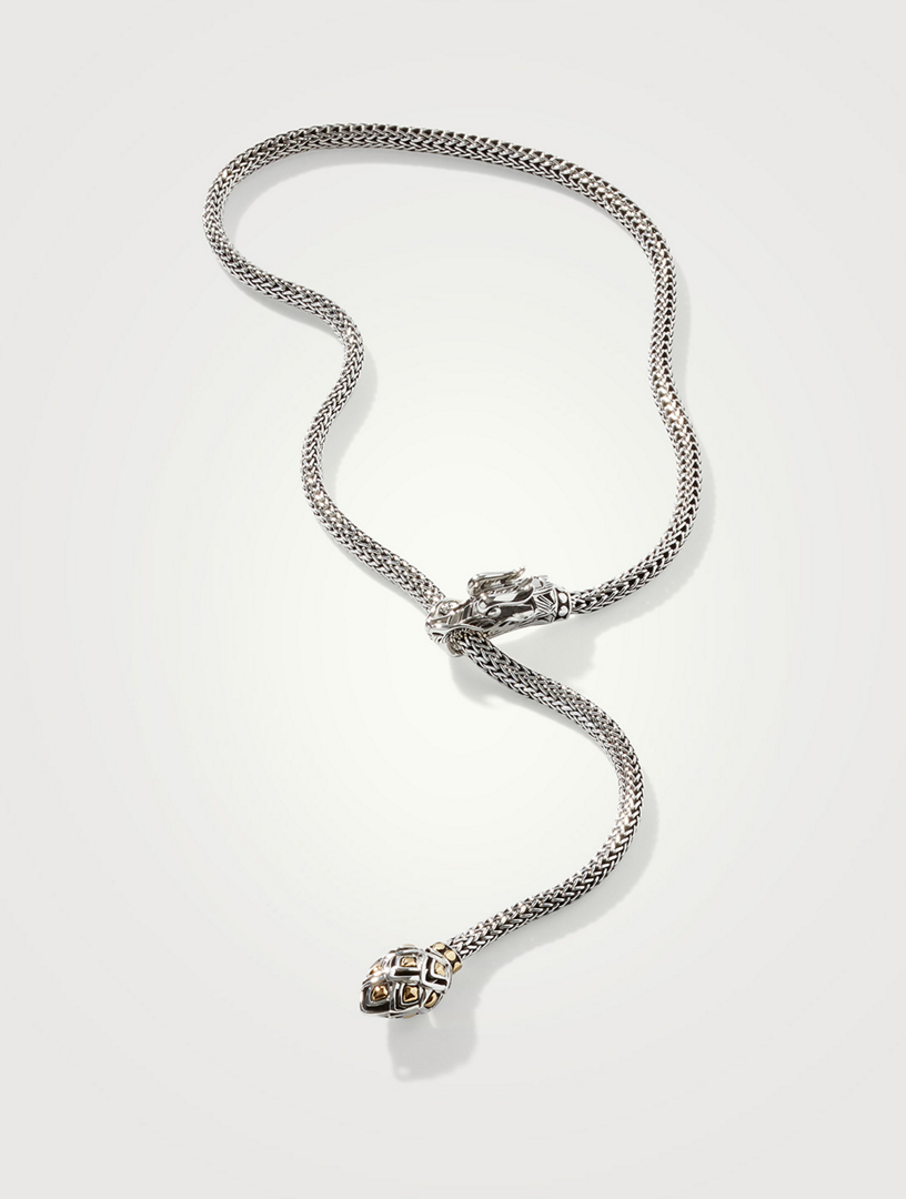 John Hardy Naga Sterling Silver 18K Yellow Gold Dragon Lariat Necklace Silver Gold