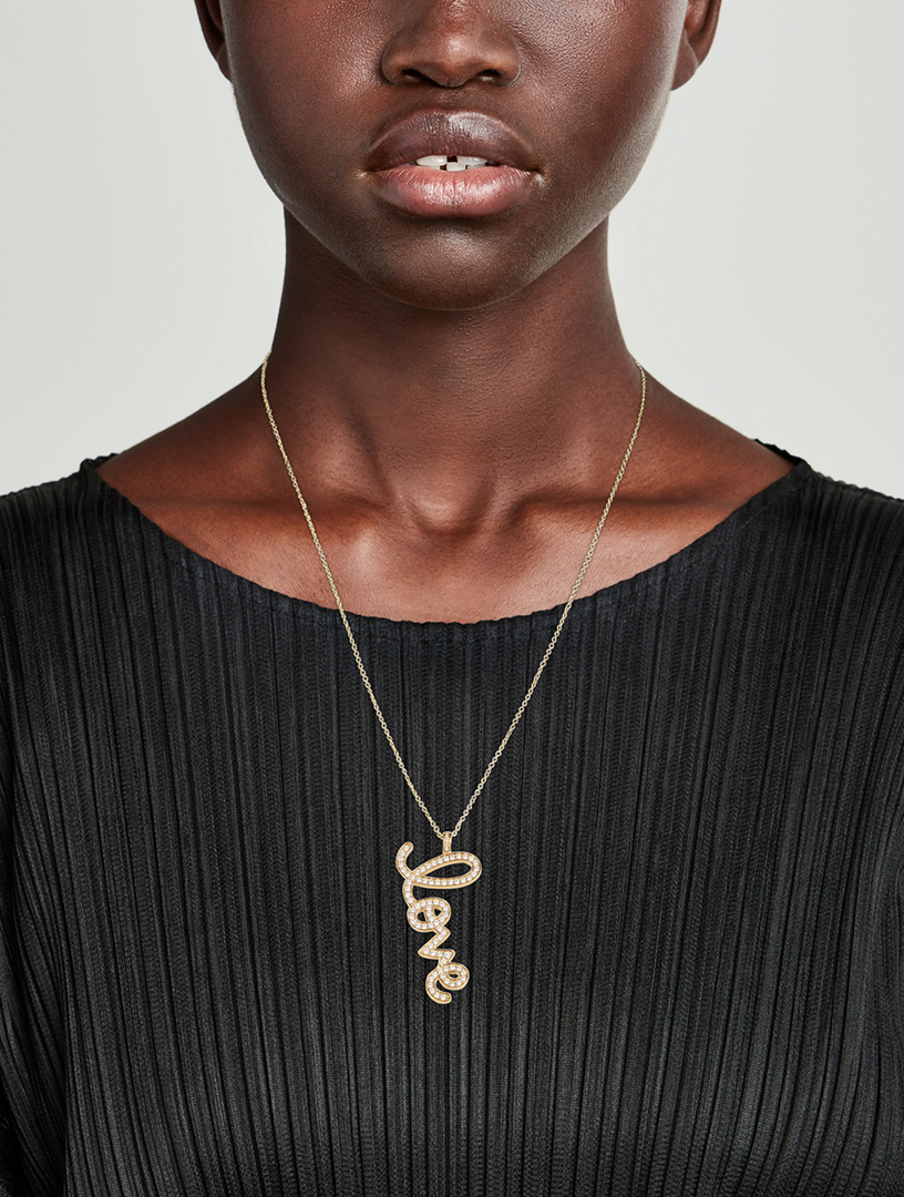 XL 14K Gold Love Script Necklace With Diamonds