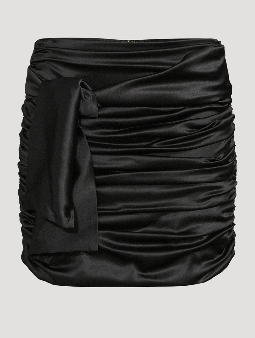 Black satin ruched mini skirt sale