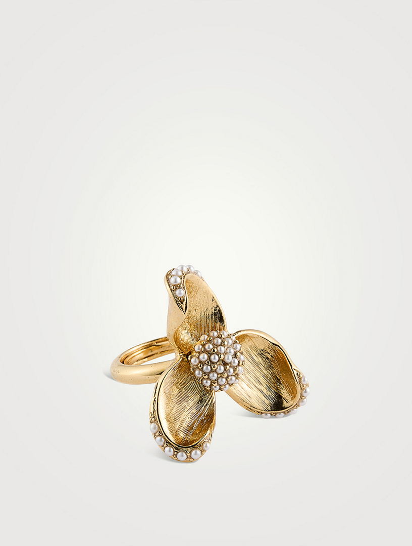 Tri Leaf Pearl Flower Ring