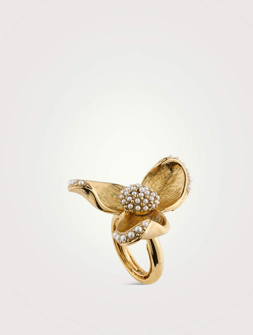 Tri Leaf Pearl Flower Ring