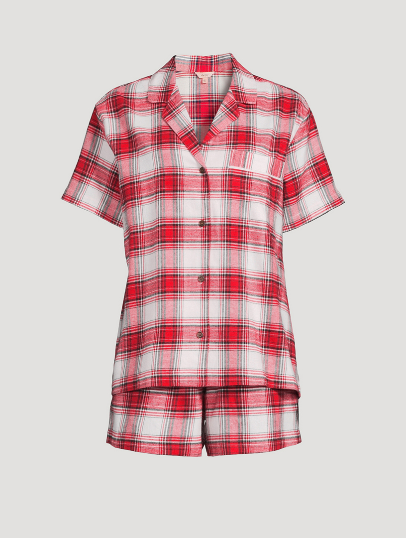 Flannel Short Pajama Set In Plaid Print