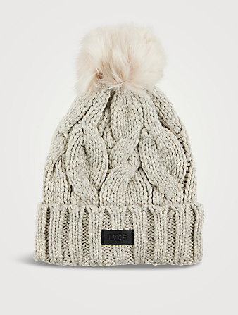 Cable Knit Toque With Faux Fur Pom