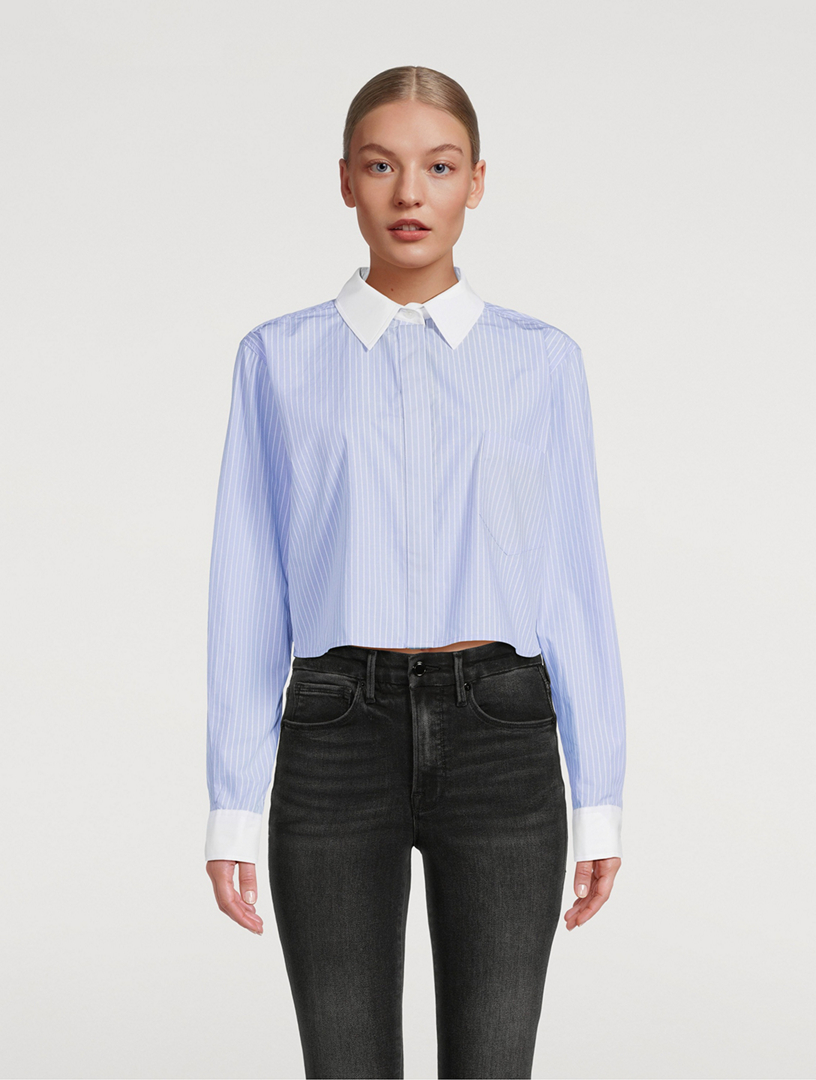 GOOD AMERICAN Cropped Poplin Shirt In Pinstripe Print | Holt Renfrew