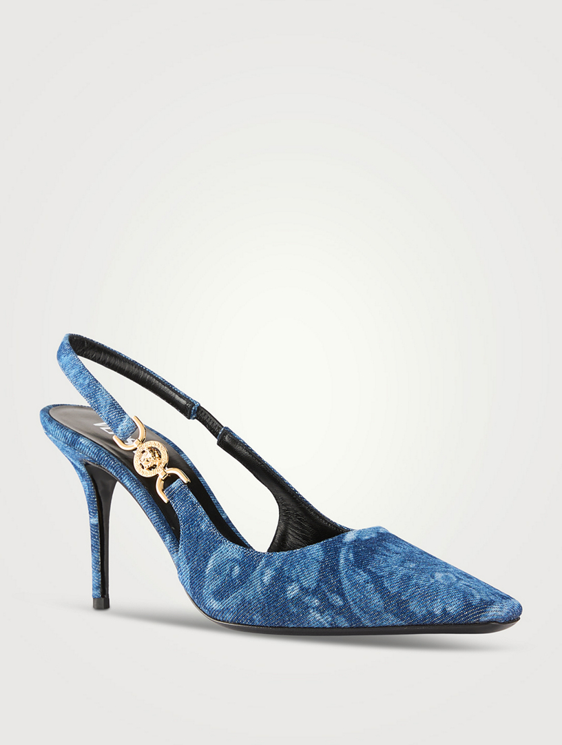 VERSACE Embellished leather-trimmed floral-print denim wedge sandals