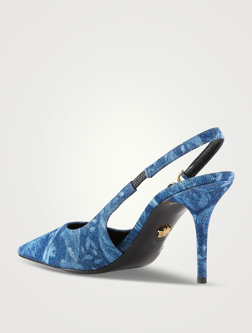 VERSACE Embellished leather-trimmed floral-print denim wedge sandals