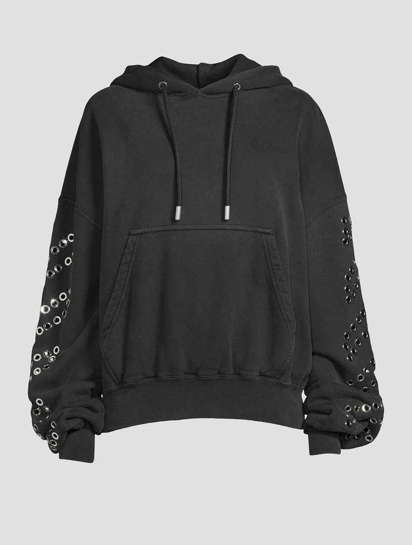 Hoodie with metal outlet spikes on hood