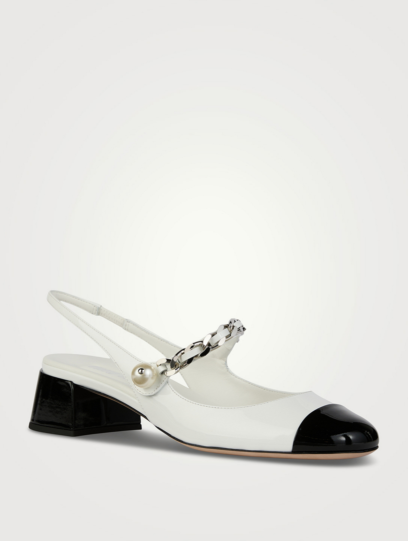 Leather Mary Jane Slingback Pumps With Pearl Chain Strap
