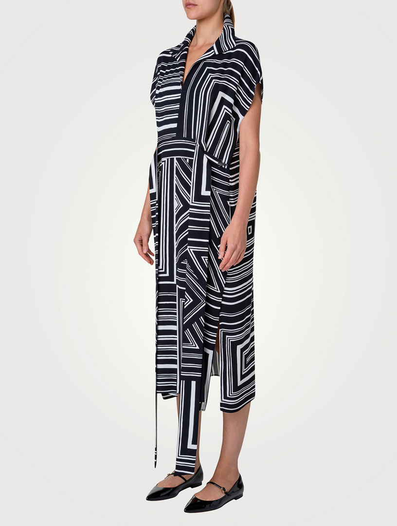Silk Crepe Midi Dress Lines Print