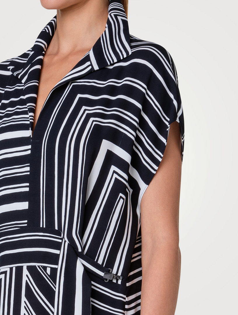 Silk Crepe Midi Dress Lines Print