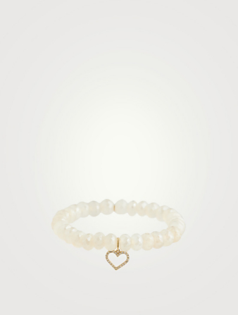 Bracelet en perles de calcédoine champagne avec breloque cœur en or et diamant