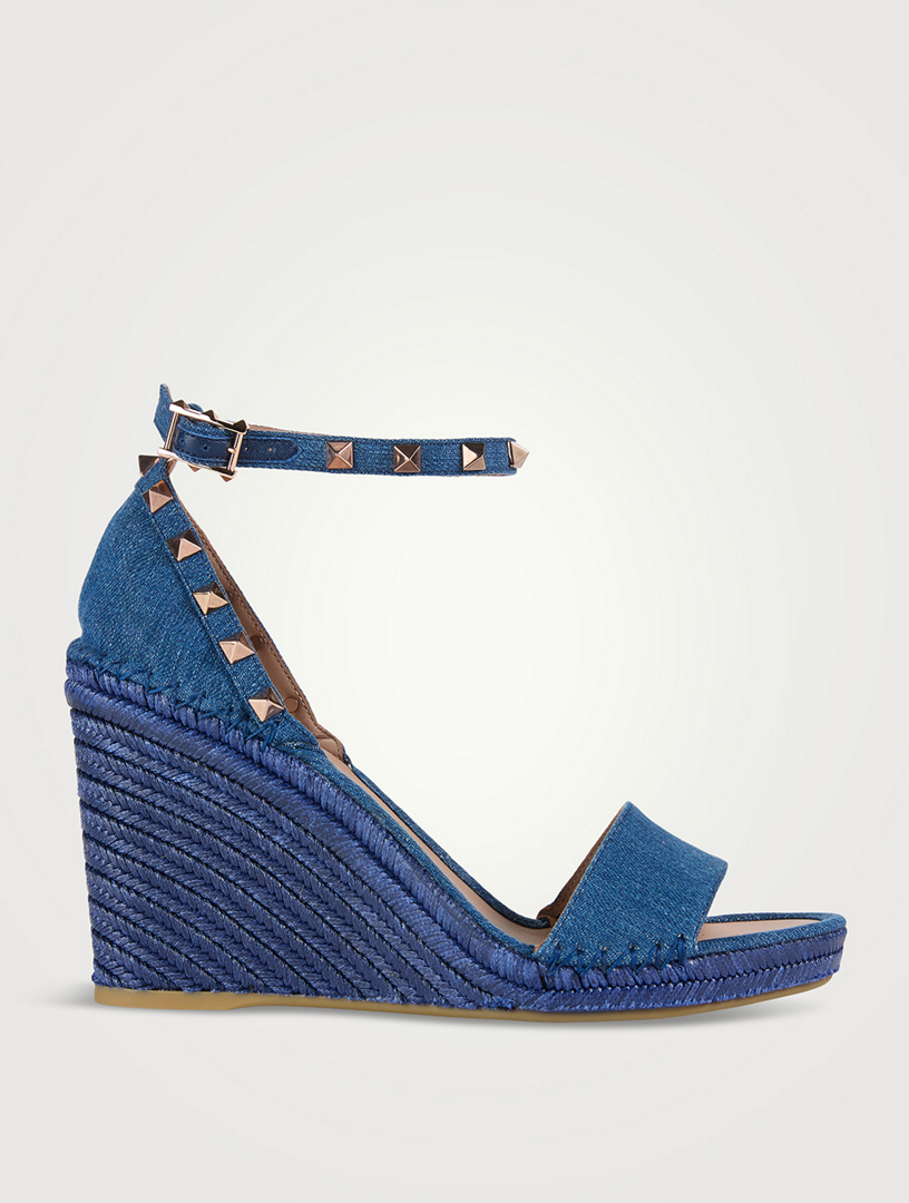 VALENTINO GARAVANI Rockstud Denim Espadrille Wedge Sandals | Holt Renfrew